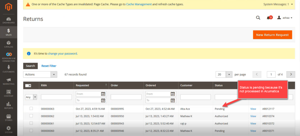 Return Order displayed as pending